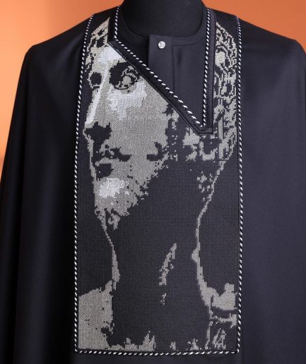 A charcoal black, Alexander 3 portrait embroidery details agbada, silver clear view Swarovski buttons on 3/4 sleeve kaftan & sokoto