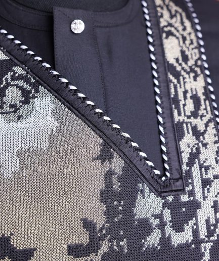 A charcoal black, Alexander 3 portrait embroidery details agbada, silver clear view Swarovski buttons on 3/4 sleeve kaftan & sokoto