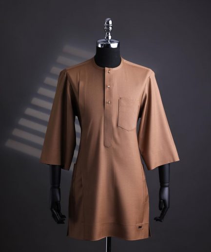 A Light brown, Nobility fabric, front flap, 3/4 sleeve and gold details Swarovski button African senator kaftan native.