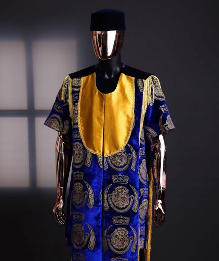 An “Isiagba” gold, blue with matching fringe details, short sleeve top & velvet pant African traditional native.