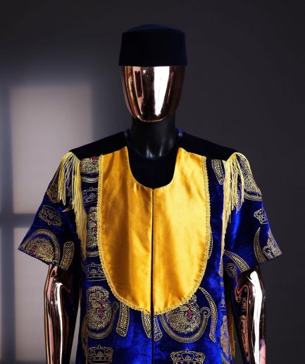 An “Isiagba” gold, blue with matching fringe details, short sleeve top & velvet pant African traditional native.