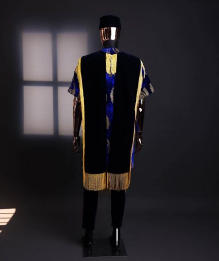 An “Isiagba” gold, blue with matching fringe details, short sleeve top & velvet pant African traditional native.