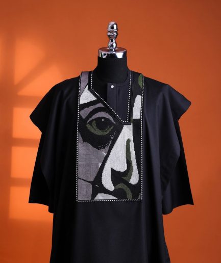 A Charcoal black, “Oju Aye” on canvas embroidery details agbada, silver clear view Swarovski buttons on 3/4 sleeve kaftan & sokoto