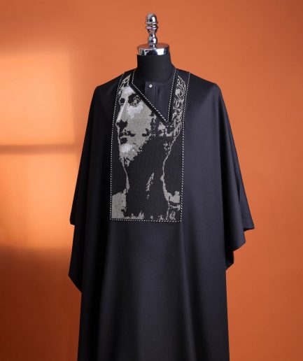 A charcoal black, Alexander 3 portrait embroidery details agbada, silver clear view Swarovski buttons on 3/4 sleeve kaftan & sokoto