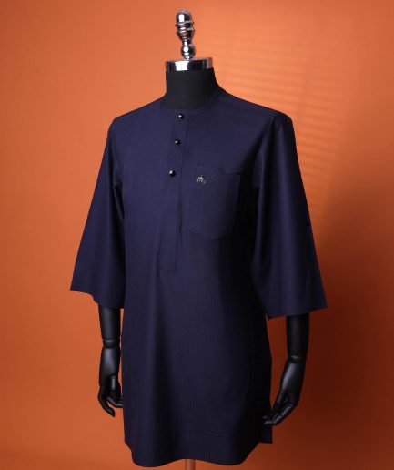 A Navy Blue, invisible pencil stripe, Jorgecarli wool, front flap, layered suit & pen pocket, 3/4 sleeve and clear view silver Swarovski button African senator kaftan native.