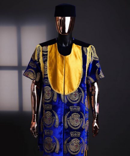 An “Isiagba” gold, blue with matching fringe details, short sleeve top & velvet pant African traditional native.