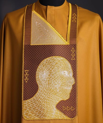 A Tawny brown, “Head Algorithm Mapping ” embroidery details agbada, 3/4 sleeve kaftan & sokoto