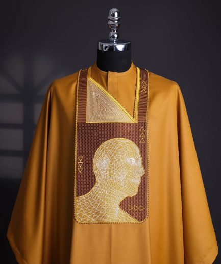 A Tawny brown, “Head Algorithm Mapping ” embroidery details agbada, 3/4 sleeve kaftan & sokoto