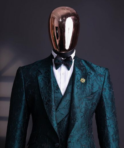 An emerald green, knitted, root floral jacquard notch lapel suit