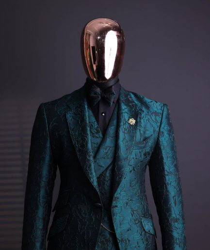 An Emerald green, knitted, root floral jacquard notch lapel suit