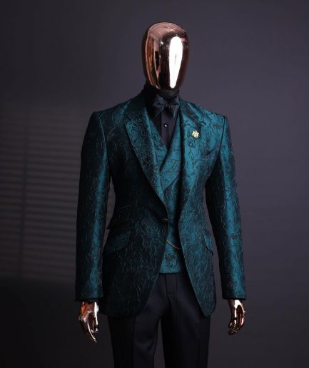 An Emerald green, knitted, root floral jacquard notch lapel suit