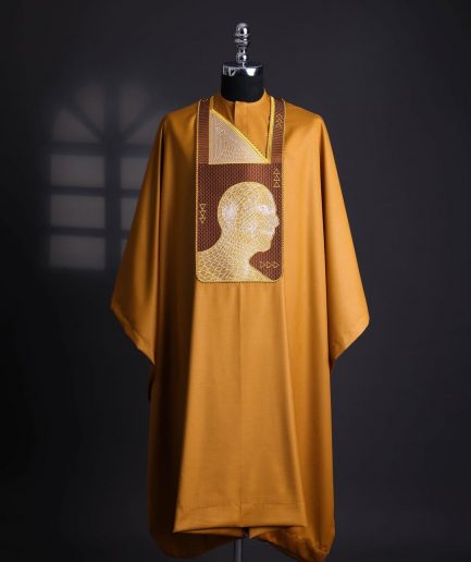 A Tawny brown, “Head Algorithm Mapping ” embroidery details agbada, 3/4 sleeve kaftan & sokoto