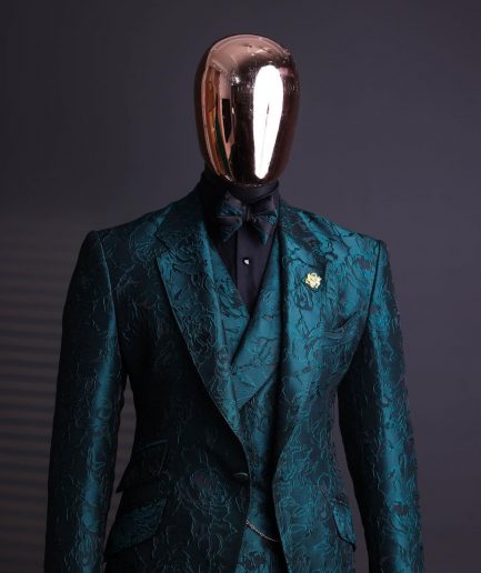 An Emerald green, knitted, root floral jacquard notch lapel suit