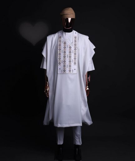 A white, shattered interwoven embroidery with Swarovski stones details agbada