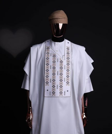 A white, shattered interwoven embroidery with Swarovski stones details agbada