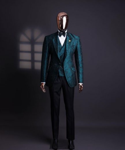 An emerald green, knitted, root floral jacquard notch lapel suit
