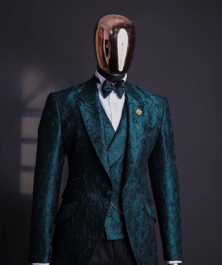 An emerald green, knitted, root floral jacquard notch lapel suit