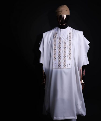 A white, shattered interwoven embroidery with Swarovski stones details agbada