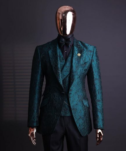 An Emerald green, knitted, root floral jacquard notch lapel suit