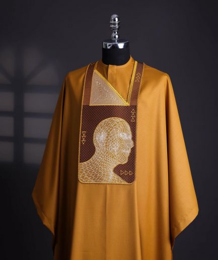 A Tawny brown, “Head Algorithm Mapping ” embroidery details agbada, 3/4 sleeve kaftan & sokoto