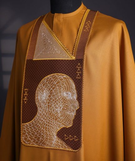 A Tawny brown, “Head Algorithm Mapping ” embroidery details agbada, 3/4 sleeve kaftan & sokoto