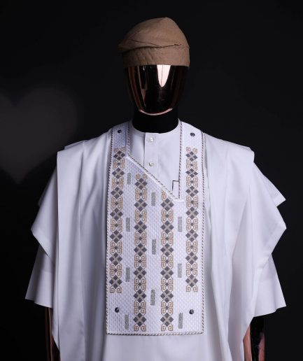 A white, shattered interwoven embroidery with Swarovski stones details agbada