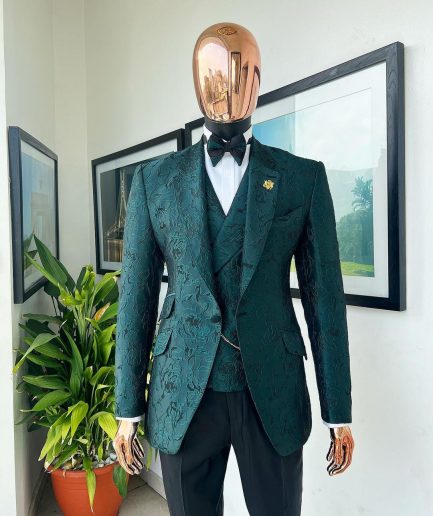 An emerald green, knitted, root floral jacquard notch lapel suit