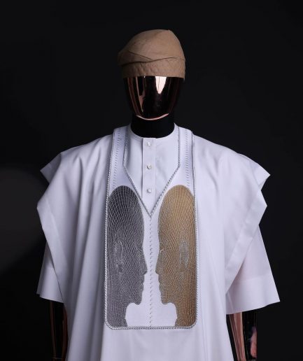 A White, Machine (Artificial Intelligence) vs Man embroidery details agbada