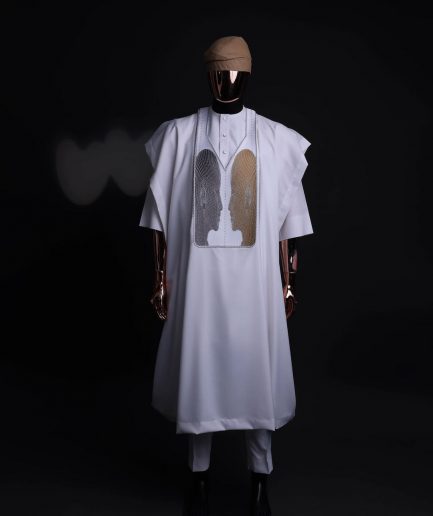 A White, Machine (Artificial Intelligence) vs Man embroidery details agbada