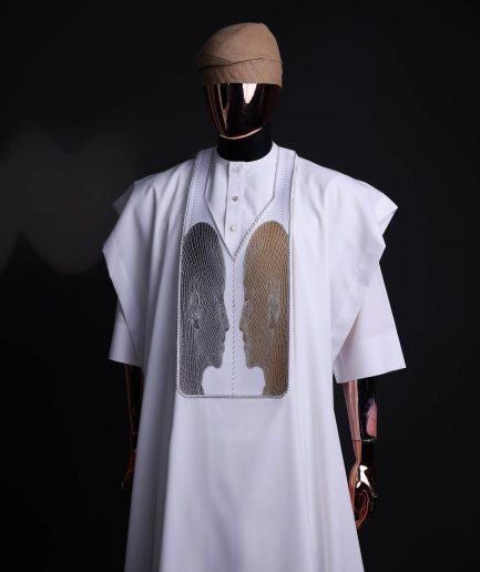 A White, Machine (Artificial Intelligence) vs Man embroidery details agbada