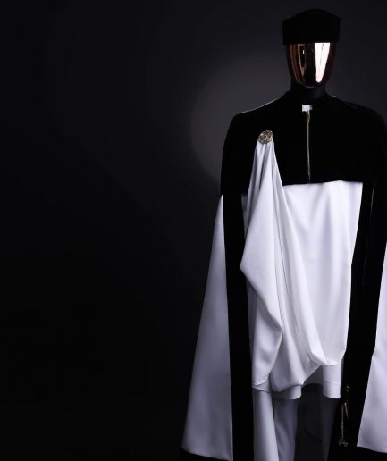 A white & black tragbada, zipline cape, long sleeve African senator kaftan native, Open cut Hat & sokoto