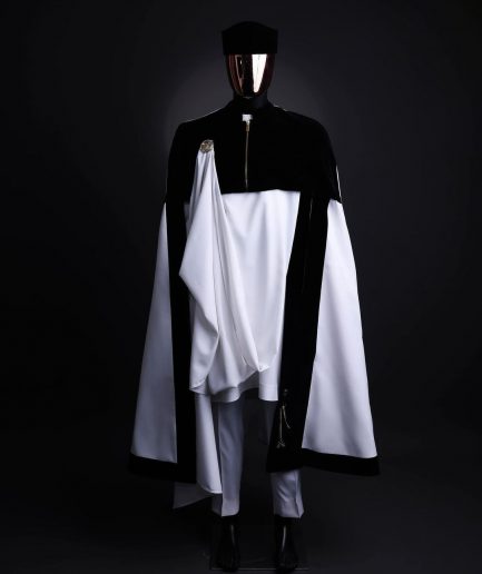 A white & black tragbada, zipline cape, long sleeve African senator kaftan native, Open cut Hat & sokoto