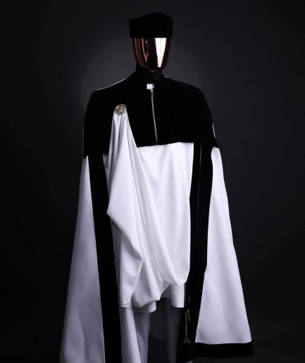 A white & black tragbada, zipline cape, long sleeve African senator kaftan native, Open cut Hat & sokoto