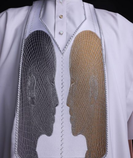 A White, Machine (Artificial Intelligence) vs Man embroidery details agbada