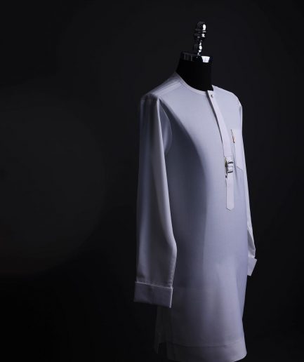 A White, front flap,interwoven buckle, Long sleeve African senator kaftan native.