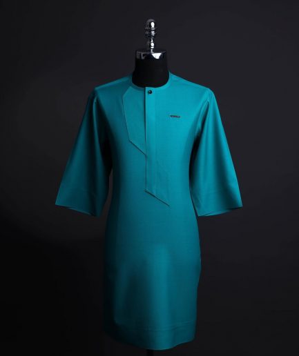 A Castleton green, front flap, patterned flap with black Swarovski button, short sleeve African senator kaftan native.