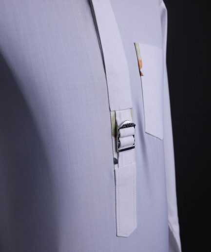 A White, front flap,interwoven buckle, Long sleeve African senator kaftan native.