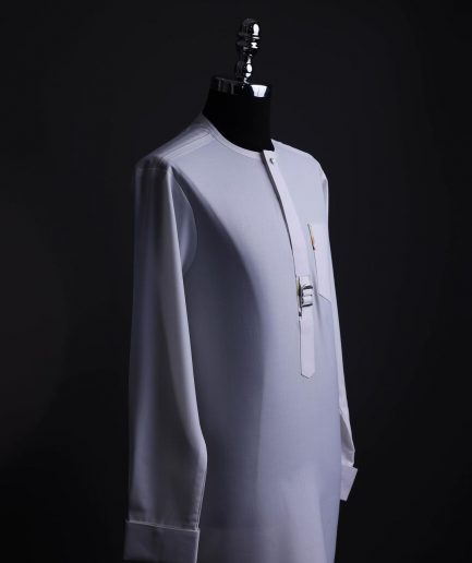 A White, front flap,interwoven buckle, Long sleeve African senator kaftan native.