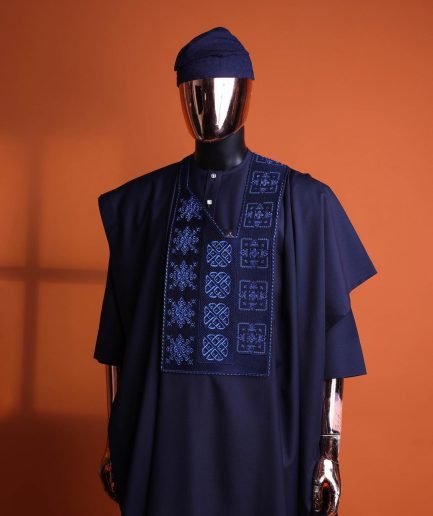 A navy blue, Arewa interwoven pattern embroidery details agbada, 3/4 sleeve kaftan & sokoto