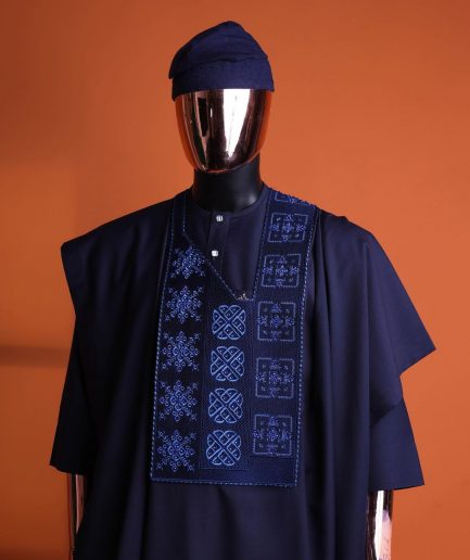 A navy blue, Arewa interwoven pattern embroidery details agbada, 3/4 sleeve kaftan & sokoto