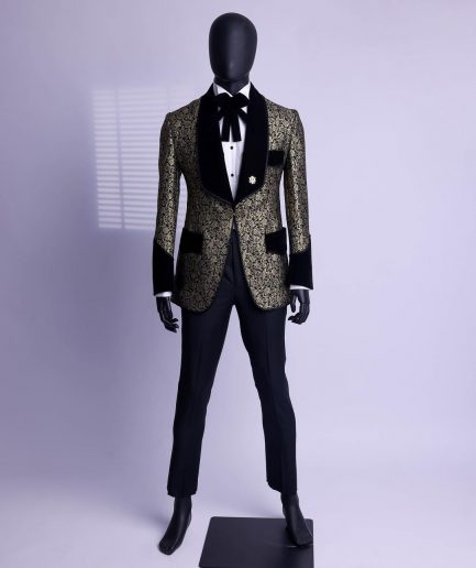 A Gold and black patterned metallic Jacquard tuxedo suit with sharaba wooven edge detailing