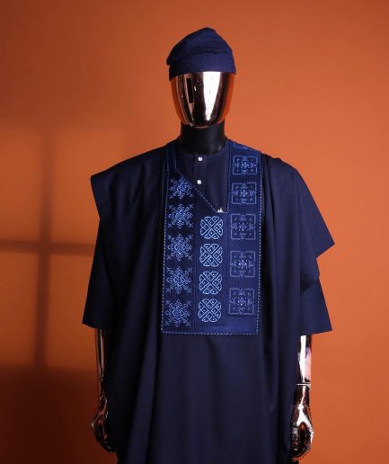 A navy blue, Arewa interwoven pattern embroidery details agbada, 3/4 sleeve kaftan & sokoto