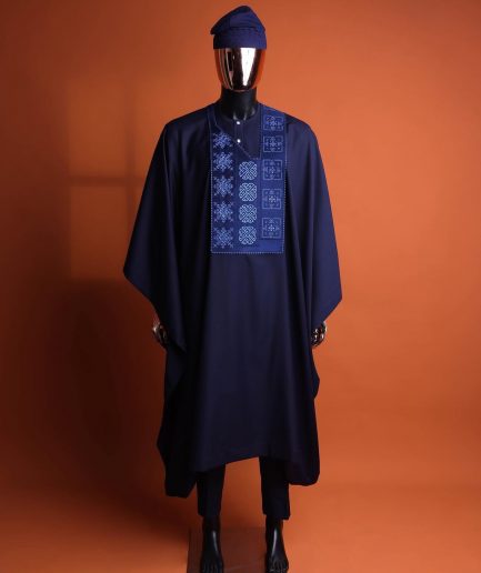 A navy blue, Arewa interwoven pattern embroidery details agbada, 3/4 sleeve kaftan & sokoto