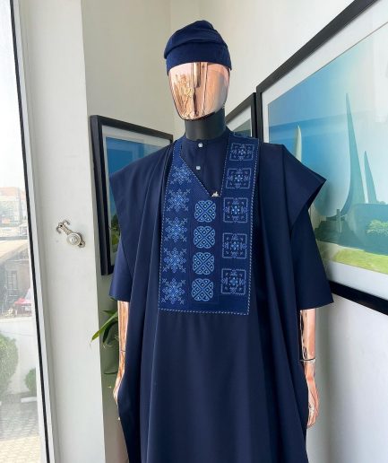 A navy blue, Arewa interwoven pattern embroidery details agbada, 3/4 sleeve kaftan & sokoto