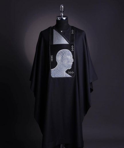 A Charcoal Black, “Head Algorithm Mapping ” embroidery details agbada