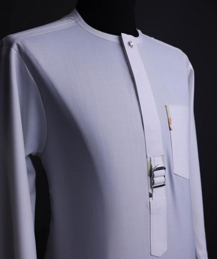A White, front flap,interwoven buckle, Long sleeve African senator kaftan native.