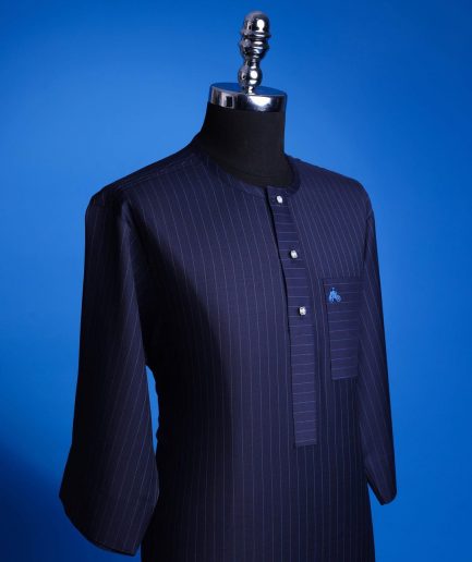 A Navy Blue, Pin Stripe, front flap & Pocket interchanged, 3/4 sleeve African senator kaftan native.