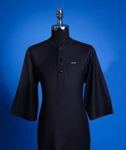 A charcoal black, pen stripe, front flap with Swarovski button, knitted curved pocket, 3/4 sleeve African senator kaftan native.
