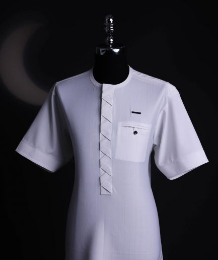 A White, Invisible stripe, front flap,interwoven flap, 3/4 sleeve African senator kaftan native.