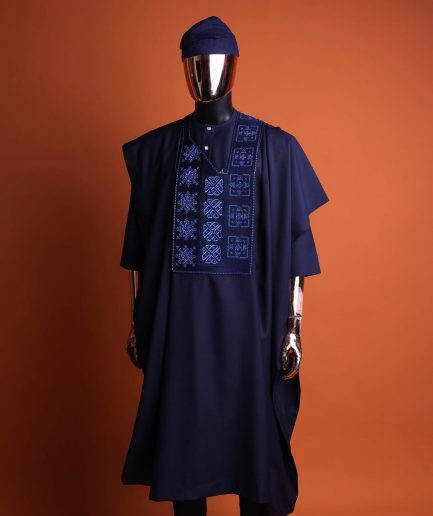A navy blue, Arewa interwoven pattern embroidery details agbada, 3/4 sleeve kaftan & sokoto